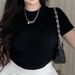 Plus Size Black T-Shirt Top And High Waist Slimming Cake Skirt Set For Slightly Chubby Girls_ecoleips.com