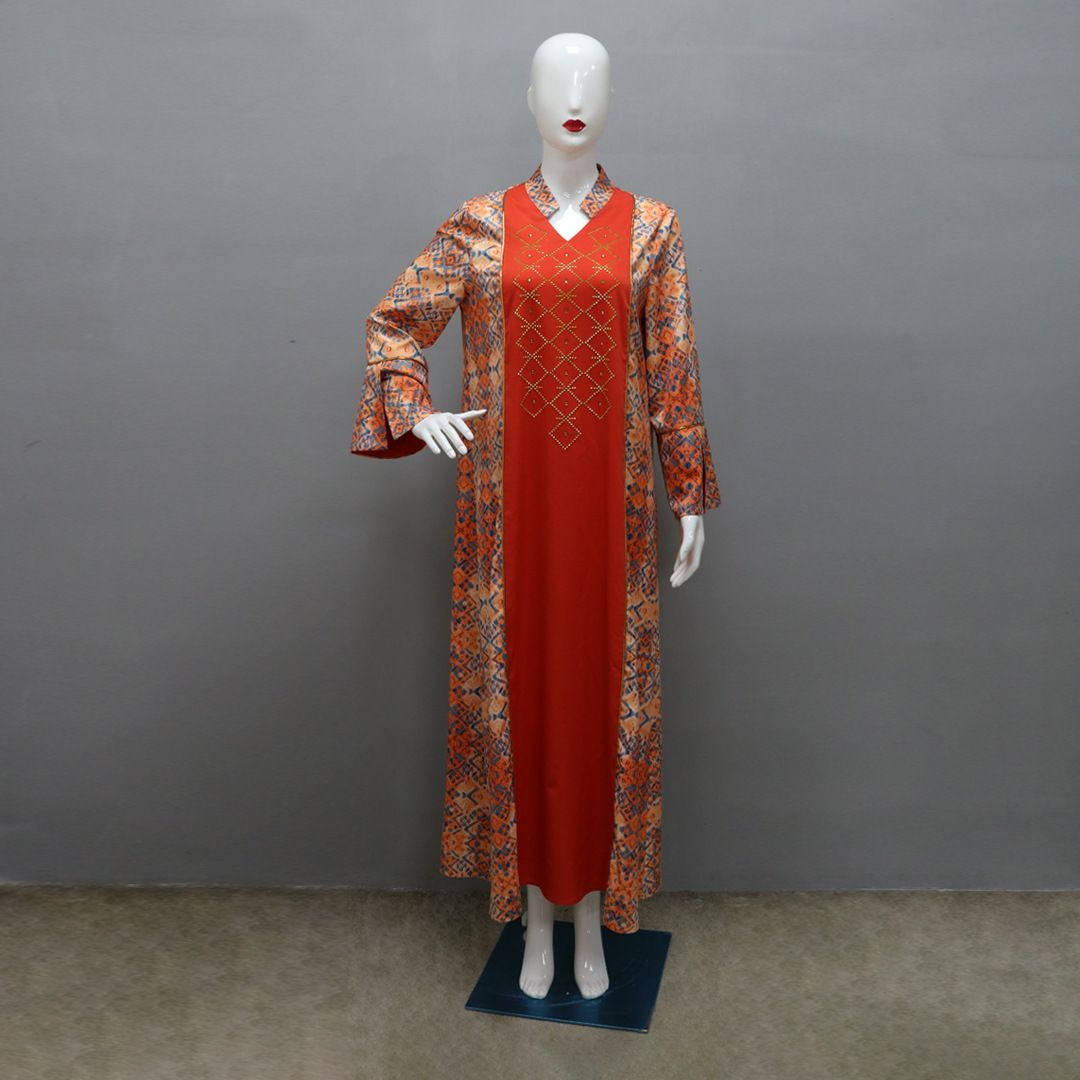 Modest Abaya Dress Stylish Muslim Ethnic Print Abaya With Contrast Color & Rhinestone Embellishments – Trendy Long Dress For Women, Perfect For Eid_ecoleips.com