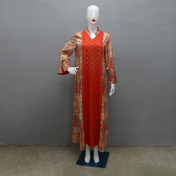 Modest Abaya Dress Stylish Muslim Ethnic Print Abaya With Contrast Color & Rhinestone Embellishments – Trendy Long Dress For Women, Perfect For Eid_ecoleips.com