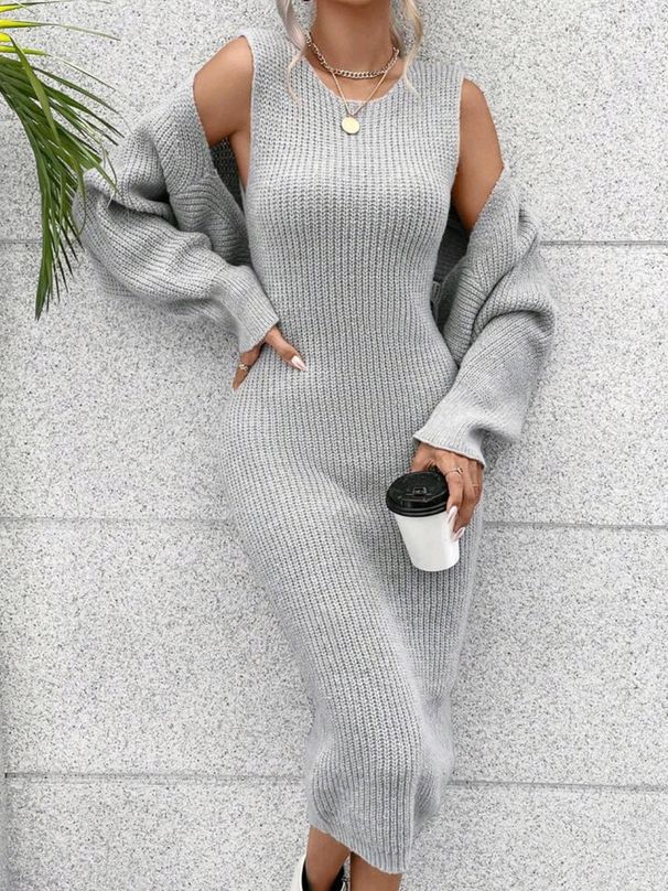 Women's Knit Dress & Vest Two-Piece Set – Stylish & Comfortable Long Sleeve Outfit For Spring, Fall & Winter – Casual Elegance In Solid Gray_ecoleips.com