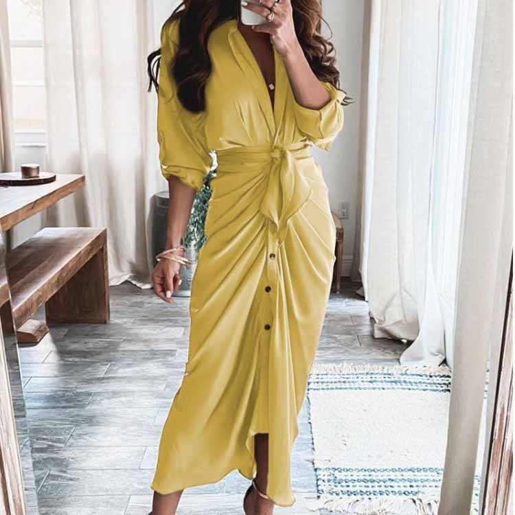 Women's Clothing New Temperament Sexy Printed V Neck Pleated Irregular Strap Dress_ecoleips.com