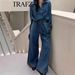 Women's Clothing Fashion Washed Blue Denim Tops Straight Trousers Set_ecoleips.com