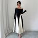 Women's Clothing New Fashion Trend U Neck Splicing Long Skirt Contrast Color Temperament Long Sleeve Dress_ecoleips.com