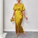 Summer New Arrival Women's Solid Color Satin V-Neck Short Sleeve Fitted Waist Skirt With Side Slit Long Skirt_ecoleips.com
