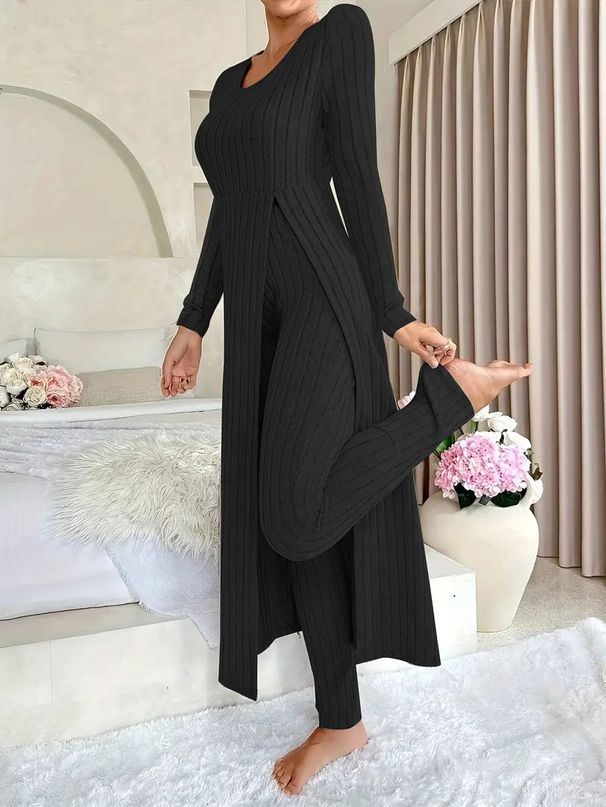K New Design Round Neck Split Long Sleeve Two Piece Set_ecoleips.com
