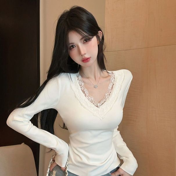 1PC Autumn And Winter Lace V-Neck Bottoming Shirt Hot Girl Top Long-Sleeved T-Shirt_ecoleips.com