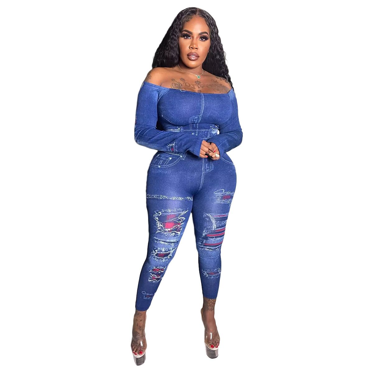 Women's Faux Denim Print Two Piece Set Autumn Winter Fashion Clothing_ecoleips.com