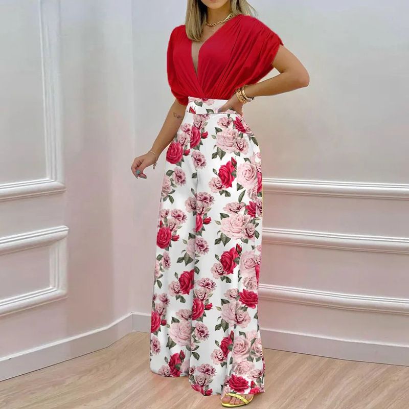 2023 European And American Women's INS Summer New Elegant V-neck Printed Wide-leg Pants Fashion Casual Set_ecoleips.com