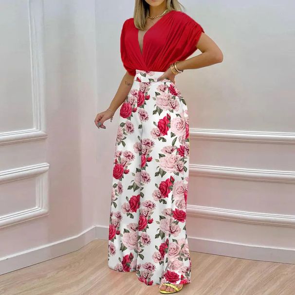 2023 European And American Women's INS Summer New Elegant V-neck Printed Wide-leg Pants Fashion Casual Set_ecoleips.com