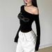 WG027 Cross-border American-style Trendy Letter Rhinestone Embellished Off-shoulder Long-sleeve T-shirt With Pleats,_ecoleips.com