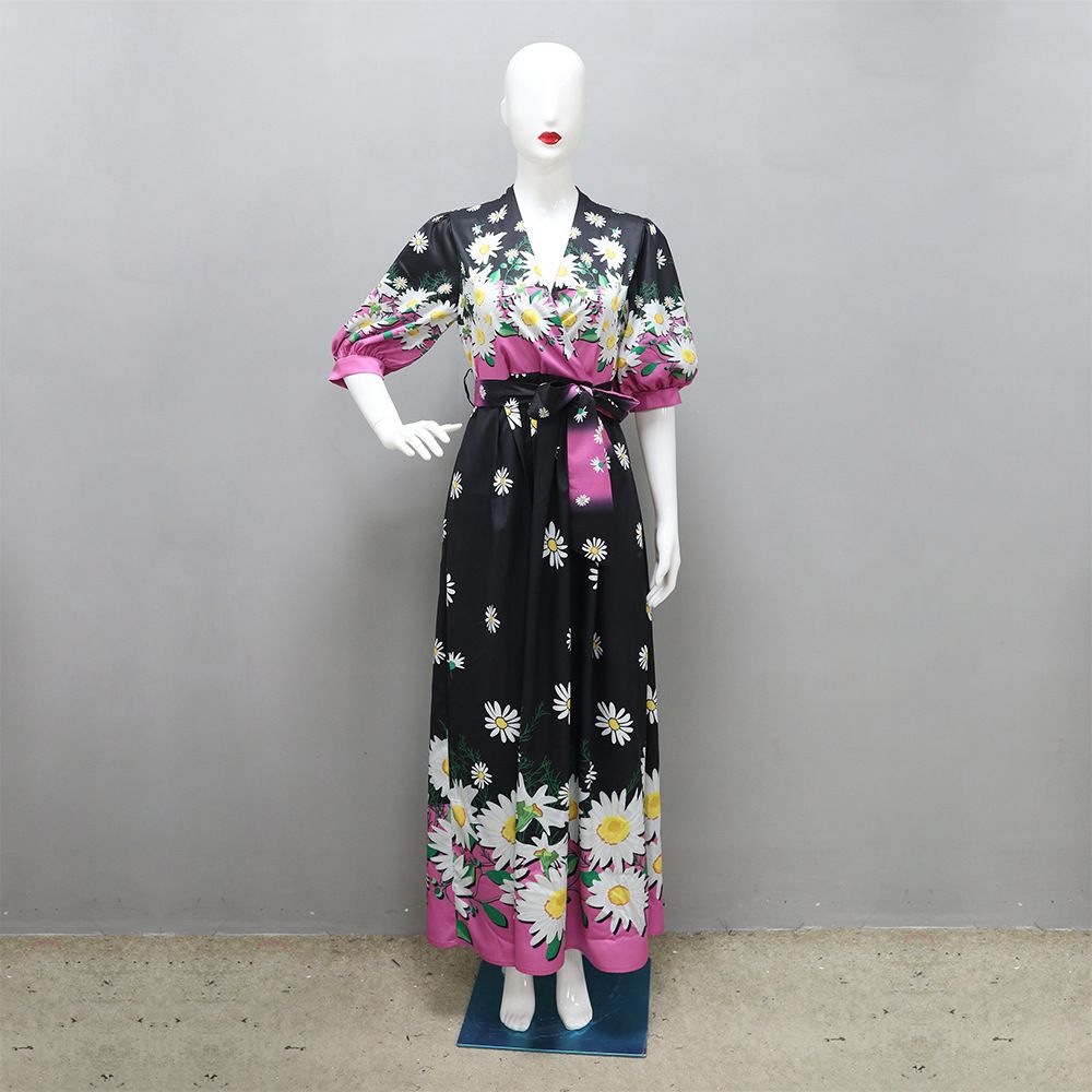 Muslim Dress Women's Clothing Elegant Printed Long Robe Dress – 5/4 Sleeve Modest Dress For Women, Flowy Polyester, Spring & Summer Fashion"_ecoleips.com