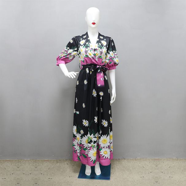 Muslim Dress Women's Clothing Elegant Printed Long Robe Dress – 5/4 Sleeve Modest Dress For Women, Flowy Polyester, Spring & Summer Fashion"_ecoleips.com