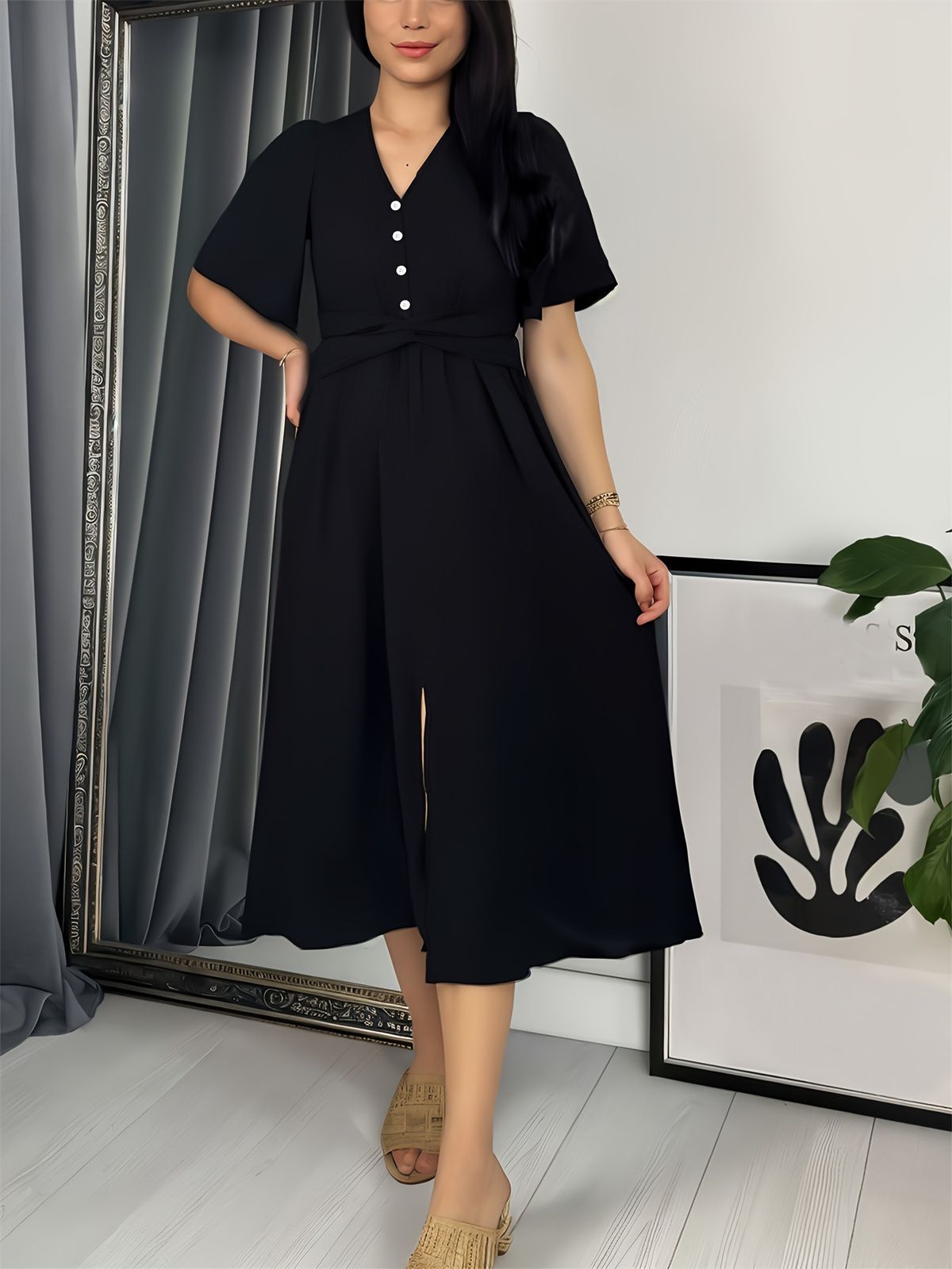 Elegant V-Neck A-Line Midi Dress With Side Slit & Elastic Waist For Women, Chic Solid Color Casual & Office Wear_ecoleips.com