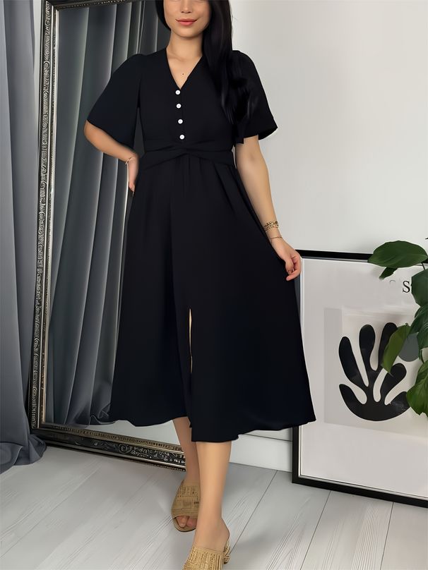 Elegant V-Neck A-Line Midi Dress With Side Slit & Elastic Waist For Women, Chic Solid Color Casual & Office Wear_ecoleips.com