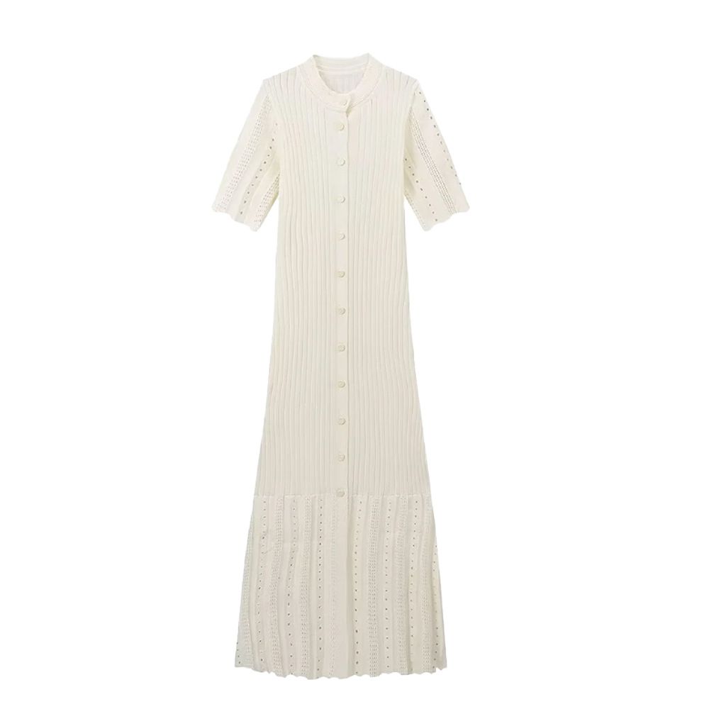 Women's Clothing Popular Summer Women's Fashion Simple Solid Color Button Short Sleeve Slim Knitted Dress_ecoleips.com