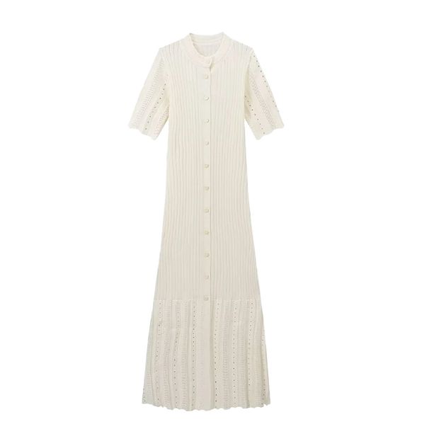 Women's Clothing Popular Summer Women's Fashion Simple Solid Color Button Short Sleeve Slim Knitted Dress_ecoleips.com