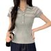 Women's Slim Fit Striped Polo Short Sleeve T-Shirt Button-Down Collar Summer Top_ecoleips.com