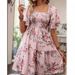 2026 European And American Floral Print Square-neck Ruched Short-sleeve Dress In Stock_ecoleips.com