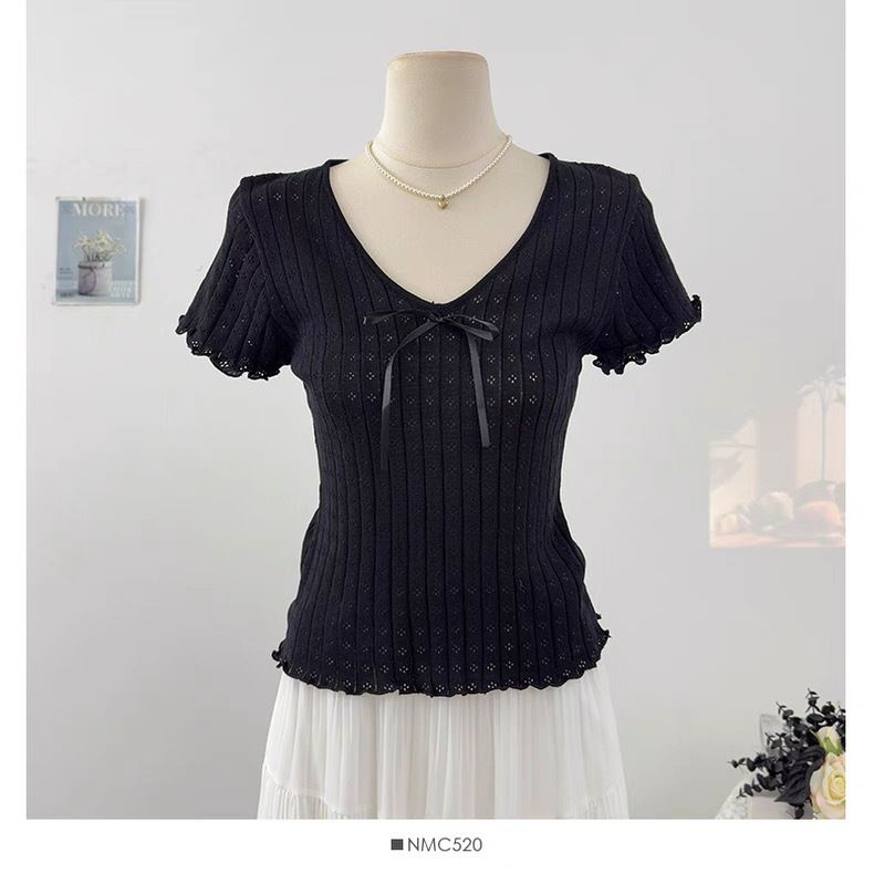 Women's Clothing Sweet And Cute Bow Tie Hollow Short Sleeved Knitted Sweater Slimming Tops_ecoleips.com