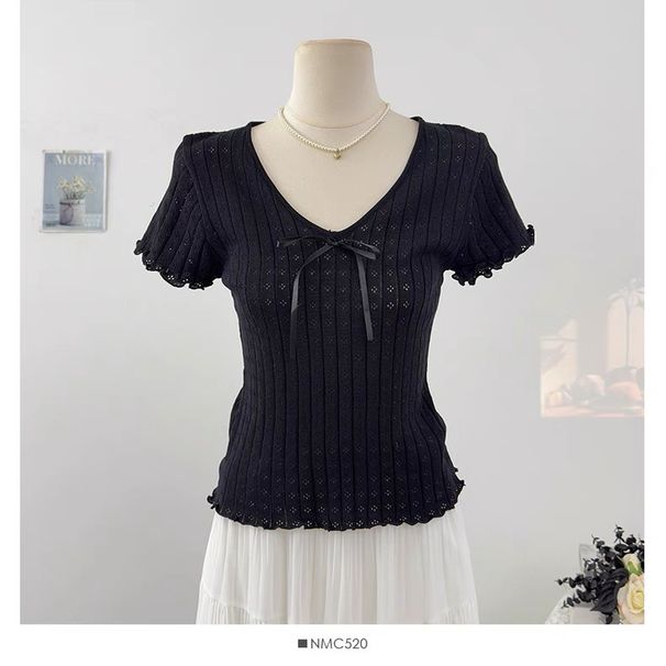 Women's Clothing Sweet And Cute Bow Tie Hollow Short Sleeved Knitted Sweater Slimming Tops_ecoleips.com