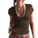 2026 New Summer Women' Solid Color Short-Sleeve Ribbed Slim-Fit T-Shirt Slimming Knit V-Neck Top For Trendy_ecoleips.com