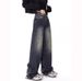 American Retro Blue-gray High-waisted Loose Denim Pants For Women, Spring Autumn Washed And Distressed Straight Casual_ecoleips.com