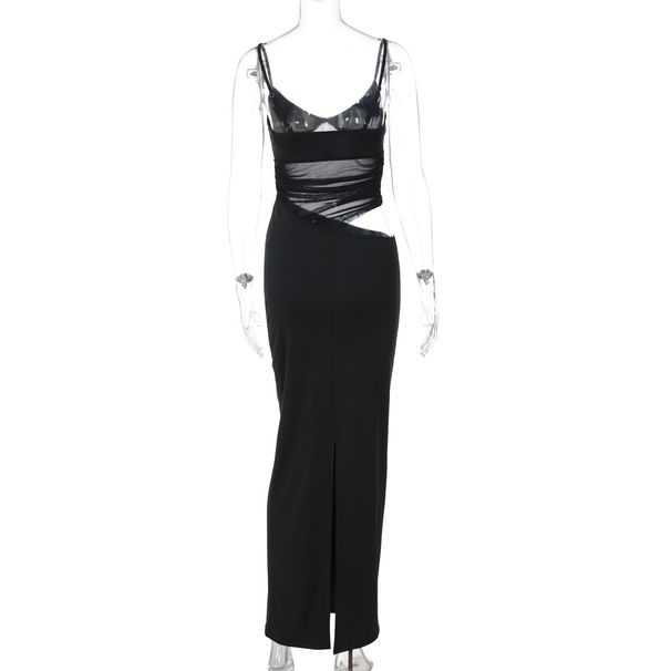 Women's 2025 Summer New Fashion Sexy Patchwork Slit Mesh Sheer Strap Dress Wholesale_ecoleips.com
