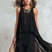 Elegant Black Chiffon Maxi Dress With Asymmetrical Hem, Sleeveless Bohemian Evening Dress For Women, Flowy A-Line Evening Gown_ecoleips.com