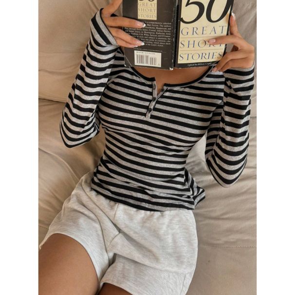 Striped Contrast Button Design Sense Straight Shoulder Long Sleeve T-Shirt Slim Slim Slim Versatile Top For Women_ecoleips.com