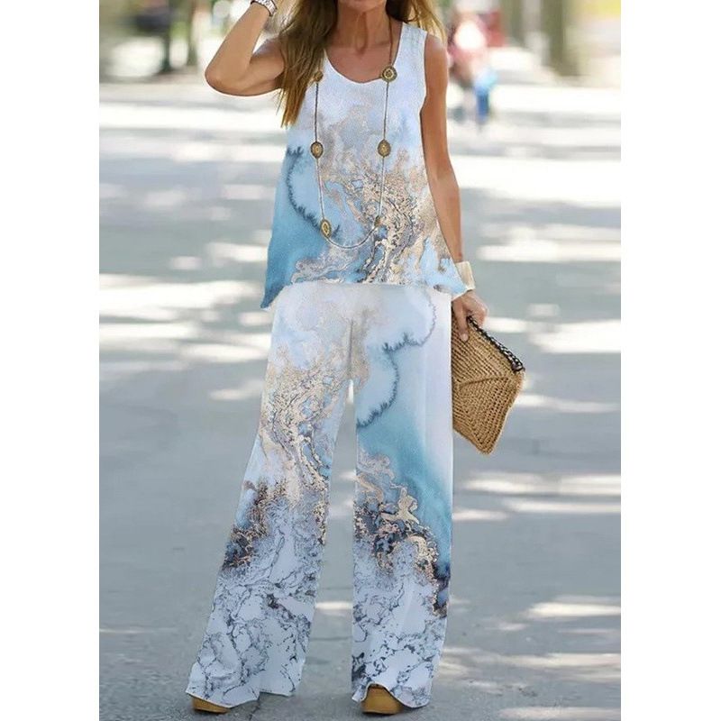 Cross Border Women's Printed Casual Two Piece Set, Vest With Elastic Waist Trousers._ecoleips.com