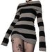 Y2K New Striped Turn-Down Collar Off-Shoulder Slim Fit Long Knitted Sweater Dress 905_ecoleips.com