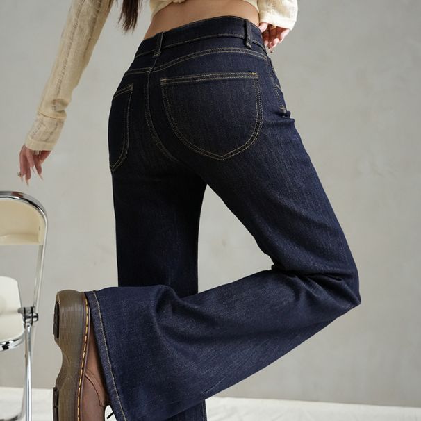 Women's Dark Blue Colorfast Low Rise Flared Jeans Autumn/Winter Style Regular Fit English Fashion Solid Polyester Denim_ecoleips.com