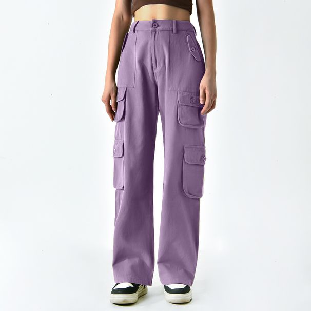 Women's Clothing Casual Straight Slim Solid Color Overalls Mid Waist Multi Pocket Wear_ecoleips.com