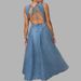Voya Women's 2026 Spring New Fashionable Commuter Solid Color Round Neck Waist Waist Bareback Dress Cowboy Color_ecoleips.com
