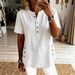 Summer New Women's Henley Collar Top Half Open Short Sleeve Side Buttons Loose Casual Solid Color T-Shirt_ecoleips.com