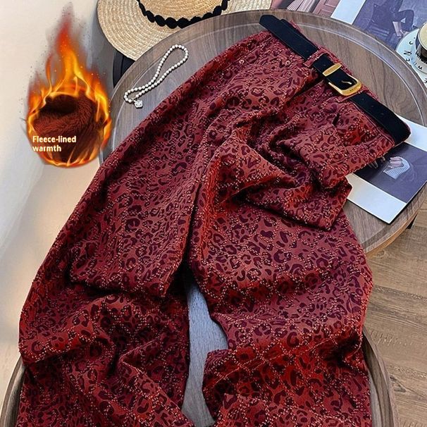 Korean Dark Blue Leopard Print Fleece-Lined Jeans For Women New Autumn Winter Fashion American Style Straight_ecoleips.com