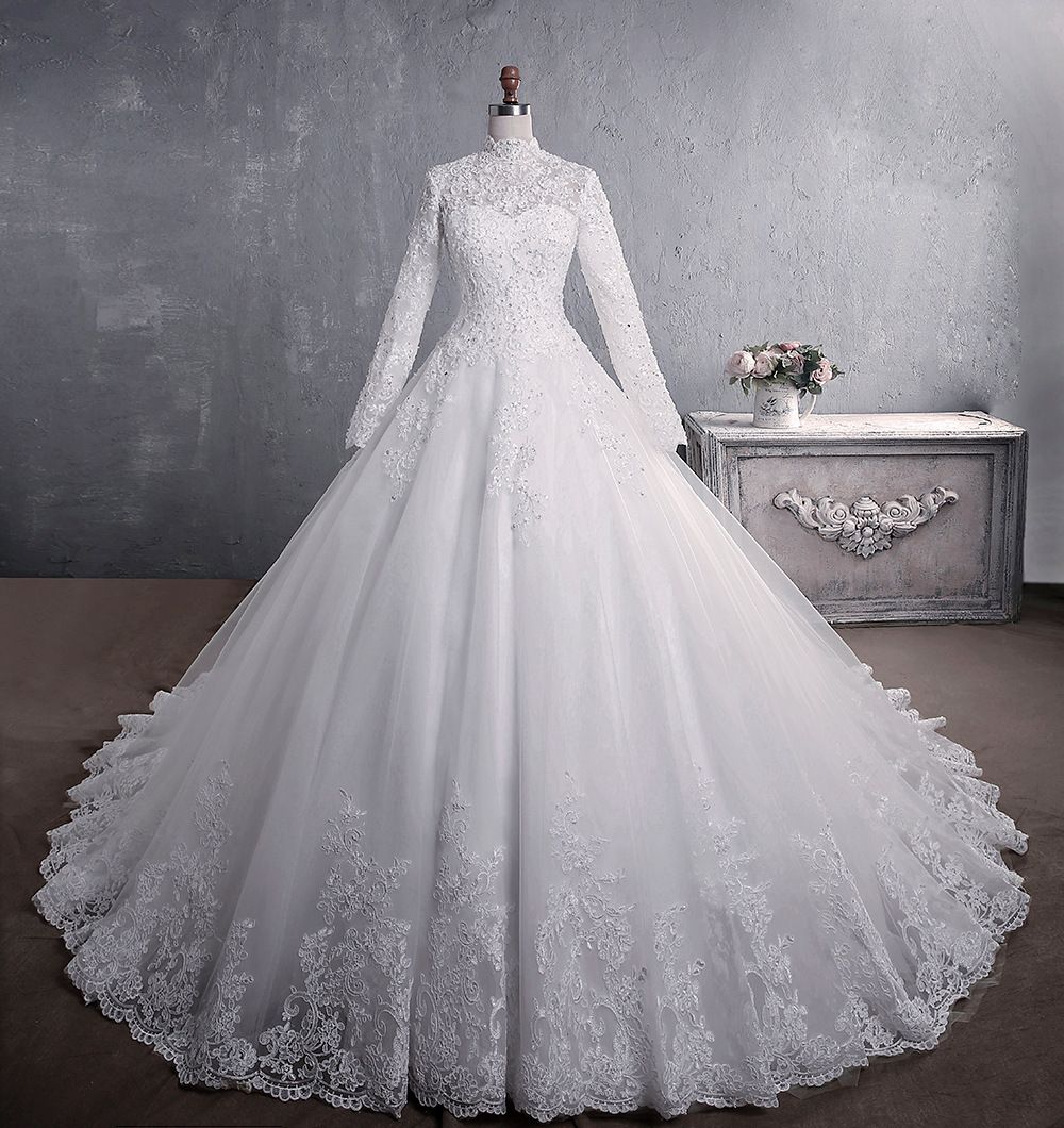 Women's Clothing Wedding Dress Lace New Style Bridal Stand Collar Long Sleeve Stand Collar Big Tail Plus Size Muslim Wedding Dress Custom_ecoleips.com