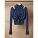 Women's Clothing Niche Design High End Blue Off Shoulder Bow Two Piece Wool Sweater_ecoleips.com