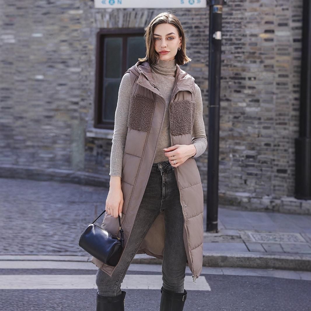Women's Clothing autumn and winter mid length knee length cotton vest with hood for women fashion zipper single breasted cotton jacket_ecoleips.com