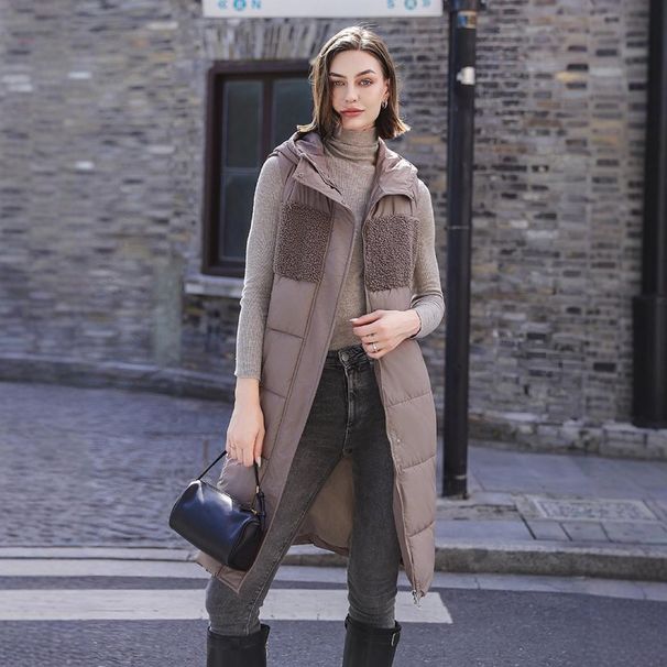 Women's Clothing autumn and winter mid length knee length cotton vest with hood for women fashion zipper single breasted cotton jacket_ecoleips.com