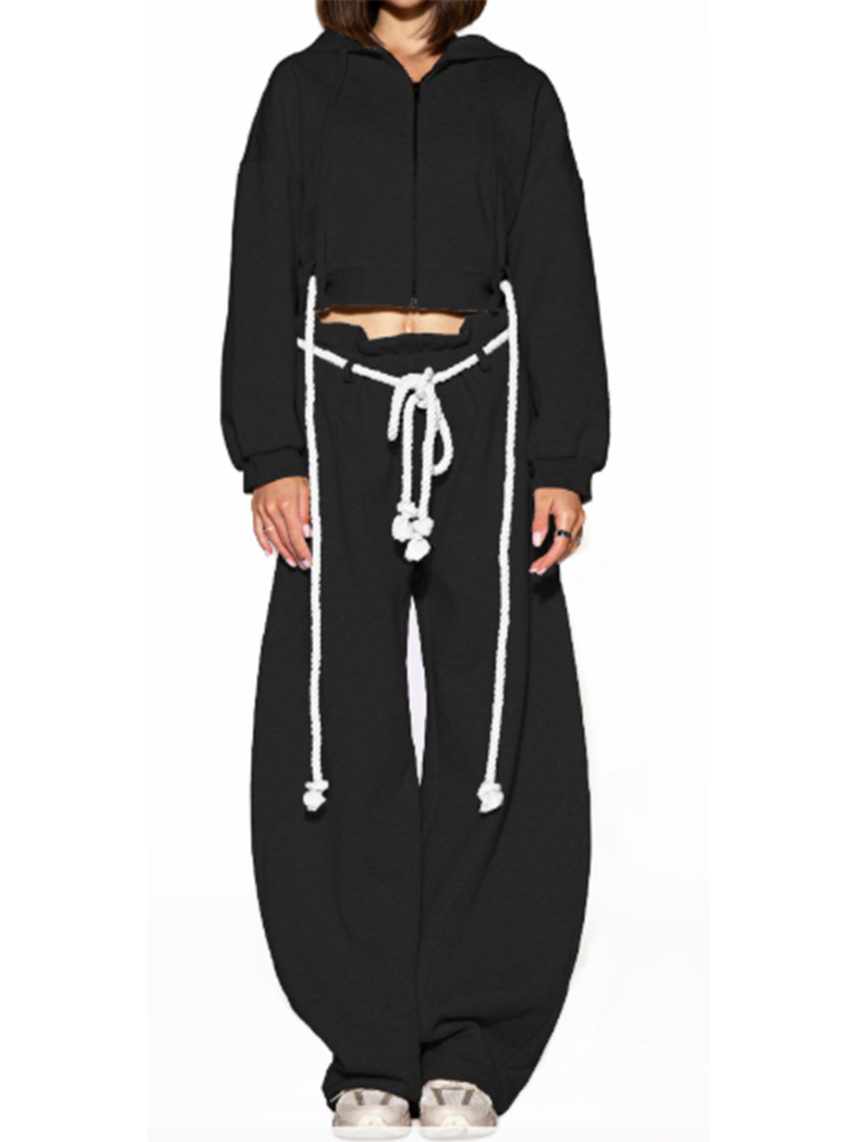 Women's Clothing Women's Casual Loose Two Piece Set Style Rope Tie Up Hooded Top Wide Leg Trousers For Formal & Casual_ecoleips.com