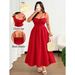 Large Size Red Suspender Dress Drawstring Lace Waist Fat Mm Thin Temperament Holiday Dress_ecoleips.com