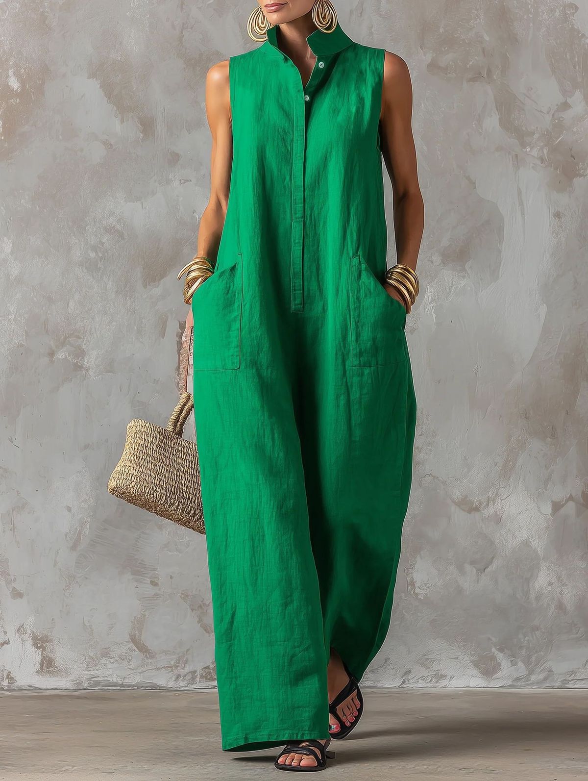 Women's Resort Style Jumpsuit Sleeveless Stand Up Collar Linen Button Down Loose Fit Wide Legs Relaxed Everyday Wear Versatile Feshion Trend_ecoleips.com
