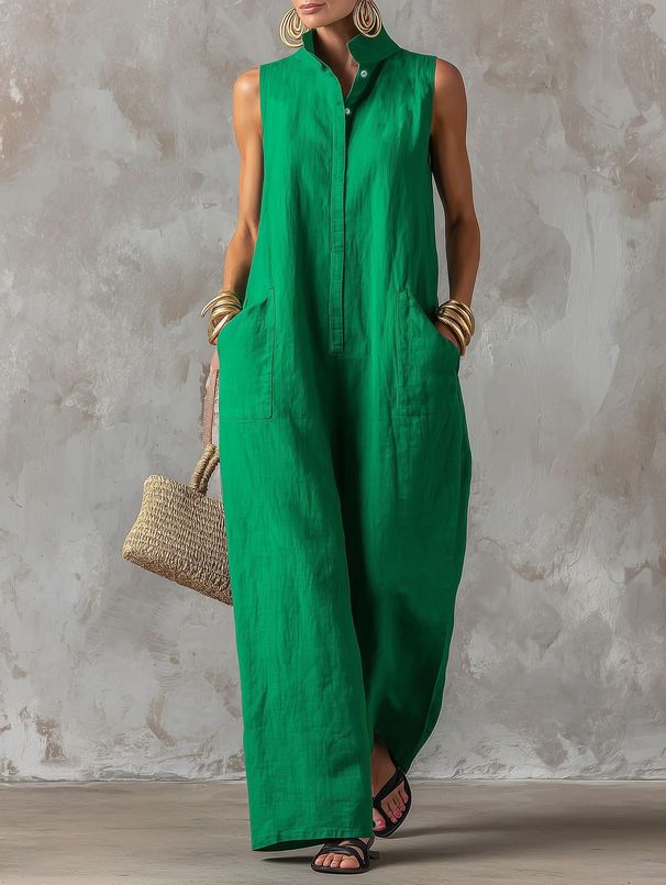 Women's Resort Style Jumpsuit Sleeveless Stand Up Collar Linen Button Down Loose Fit Wide Legs Relaxed Everyday Wear Versatile Feshion Trend_ecoleips.com