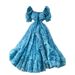 Women's French Style Chiffon Printed Dress Square Neck Puff Sleeve Ruffles Slimming And Flattering for Vacation_ecoleips.com