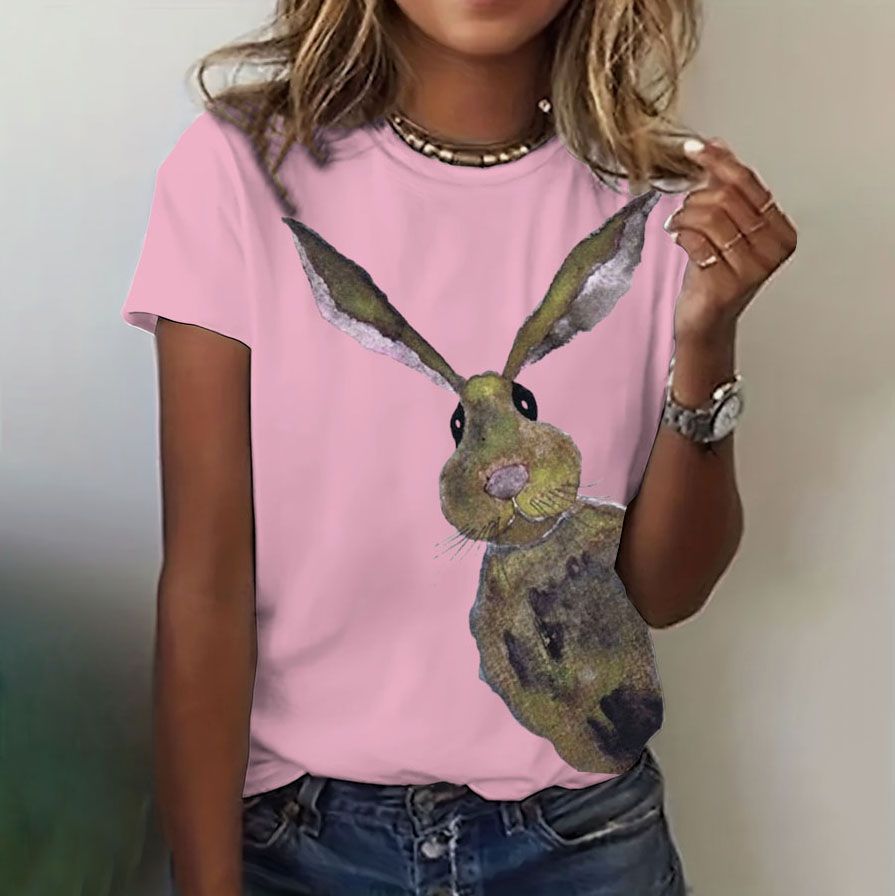 Women's Clothing Easter Bunny Print Ladies Spring And Summer Short Sleeved Round Neck T Shirt_ecoleips.com