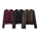 Fringe-Trim Button-Up Knit Cardigan – Lightweight Autumn Layering Piece ( Chic, Soft Yarn, Versatile Styling, Trendy Fringe Detail)_ecoleips.com