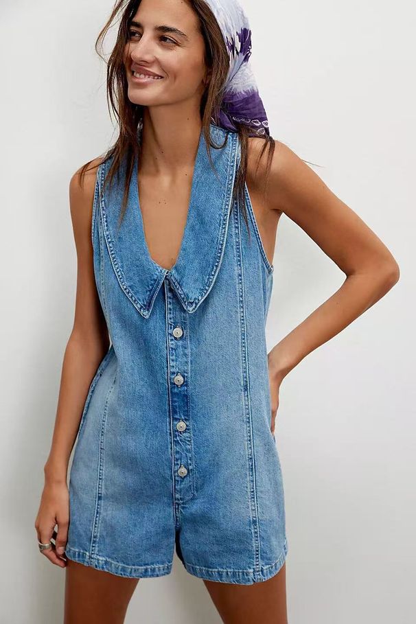 Fashion Sleeveless Washed Denim Jumpsuit Shorts Women's Clothing New Style Peter Pan Collar Personalized_ecoleips.com
