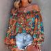 Hot Selling Hot Style Off Shoulder Printed Contrast Color Puff Sleeve Lace Up Loose Women's Top_ecoleips.com