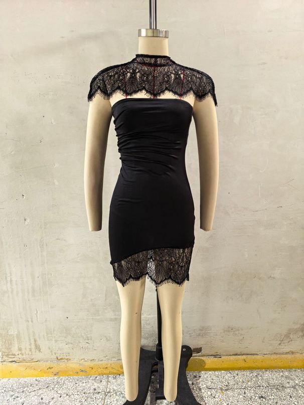 Lace Trim Off-Shoulder Bodycon Dress – Sexy Backless Mini Dress With Detachable Cape Versatile Black Color_ecoleips.com